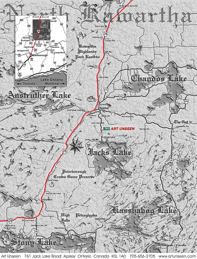 Map of Norh Kawartha region of Ontario Canada for location of Art Unseen Studio and Gallery